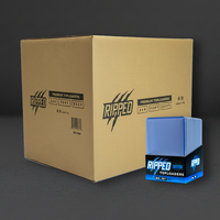 Cardboard box and blue packaging with 'Ripped' branded premium toploaders 60 units on a dark background
