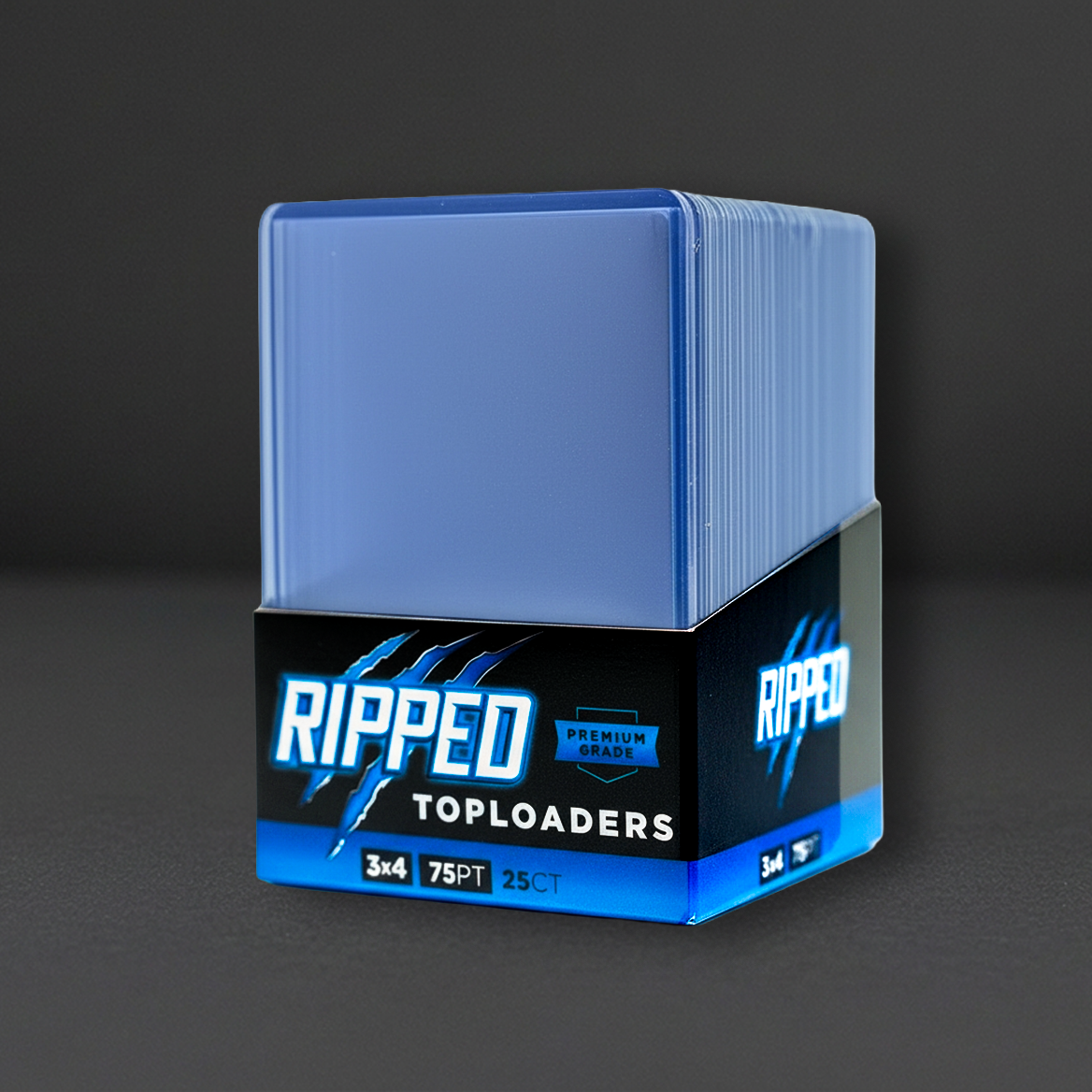 Packaged product labeled 'Ripped Toploaders' 25 ct on a dark background