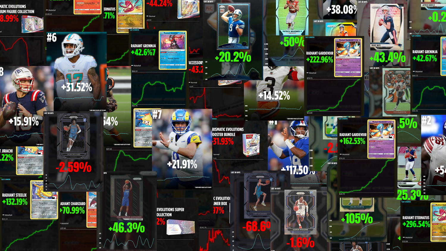 Collage of sports trading card images with player graphics and statistics on a dark background.