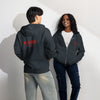 Product mockup - two people wearing navy zip up hoodie, one facing away showing text on the back