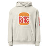 Product mockup - beige hoodie with 'Hobby King' logo on a white background