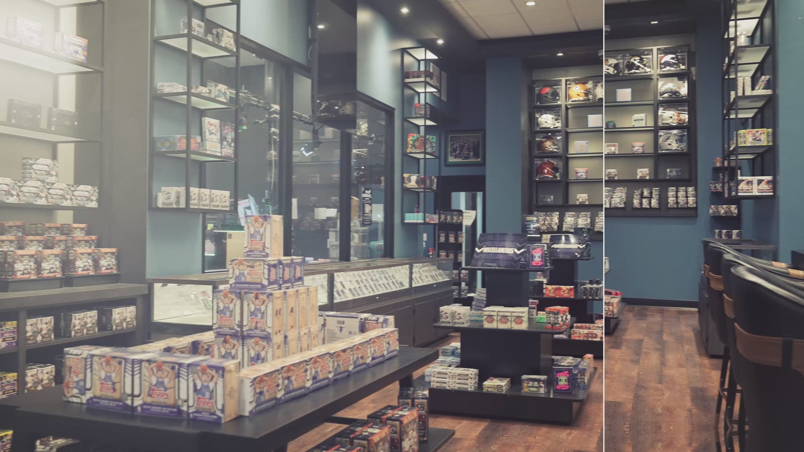 Video montage of people with equipment, trading cards, and mics.